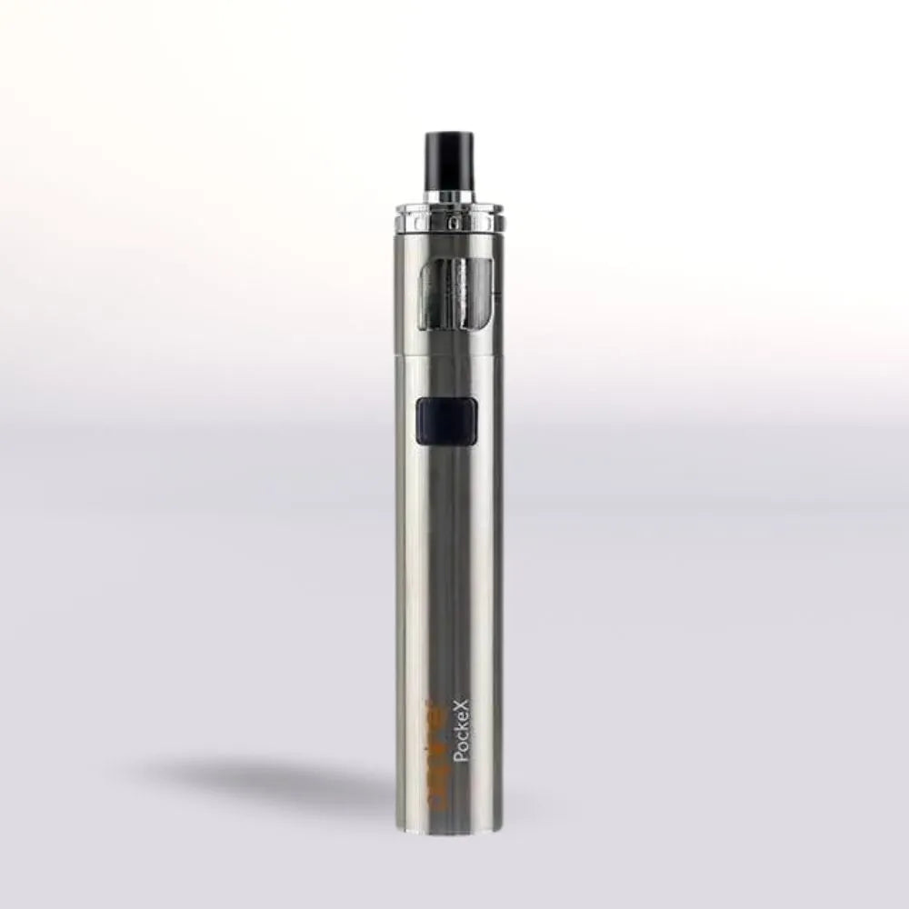 Silver Aspire PockeX vape pen with black accents on a light gray background