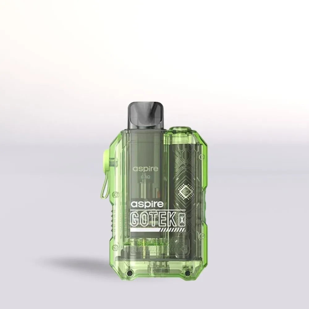 green Aspire Gotek X vape device with 'aspire' branding on a light gray background
