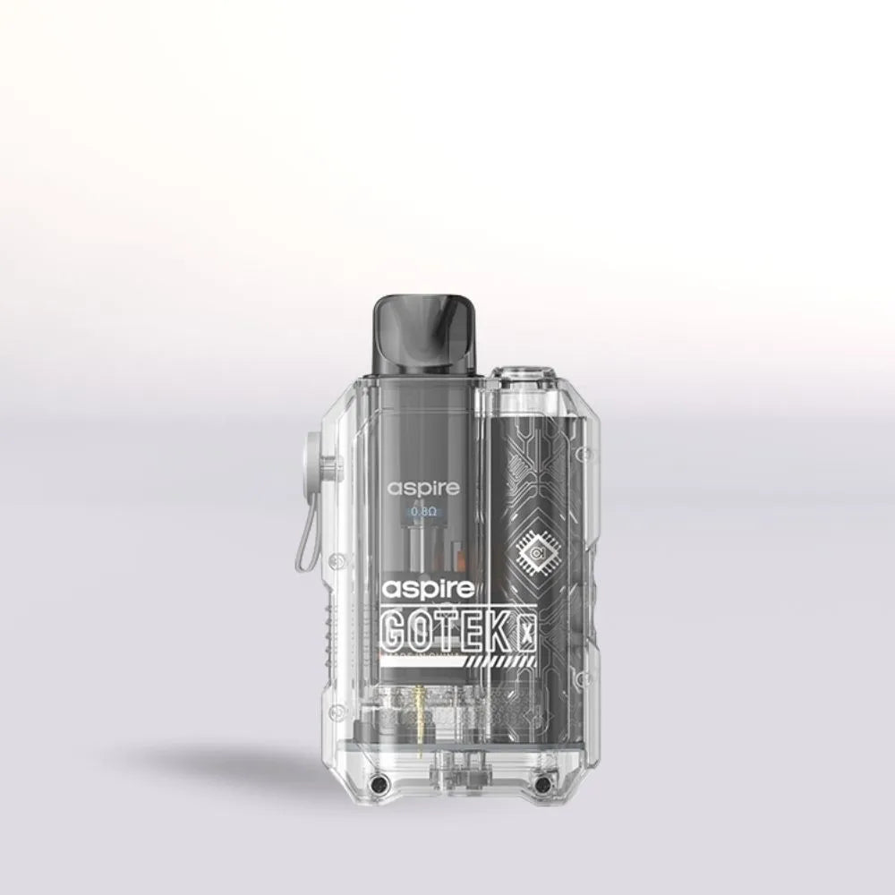 Clear Aspire Gotek X vape device with 'aspire' branding on a light gray background