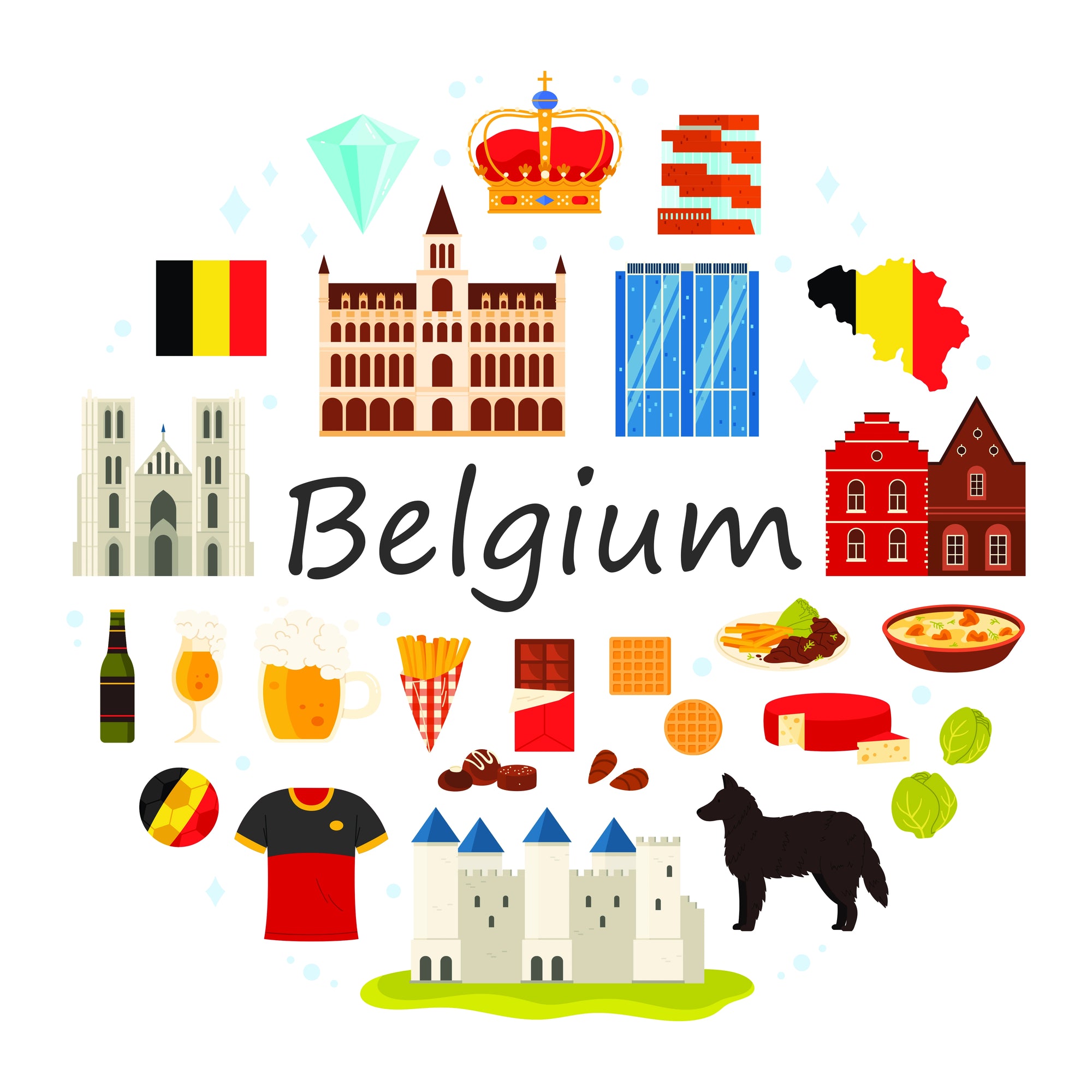 A cartoon depicting Belgian landmarks and delicacies