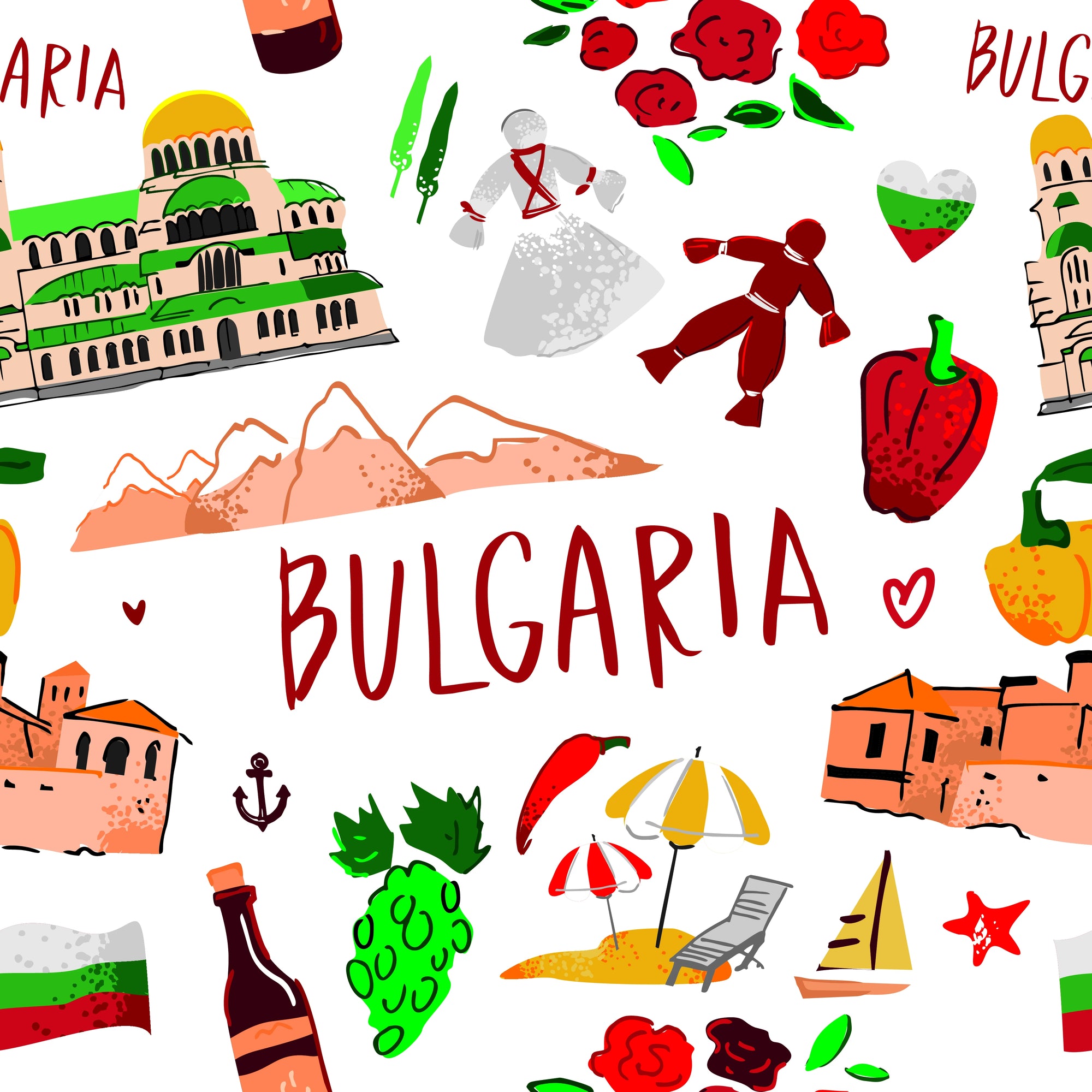 A cartoon depicting Bulgarian landmarks and delicacies