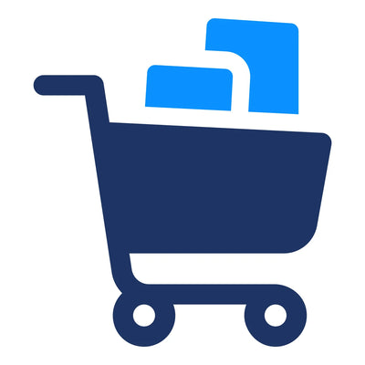Blue shopping cart icon with a blue box on a white background
