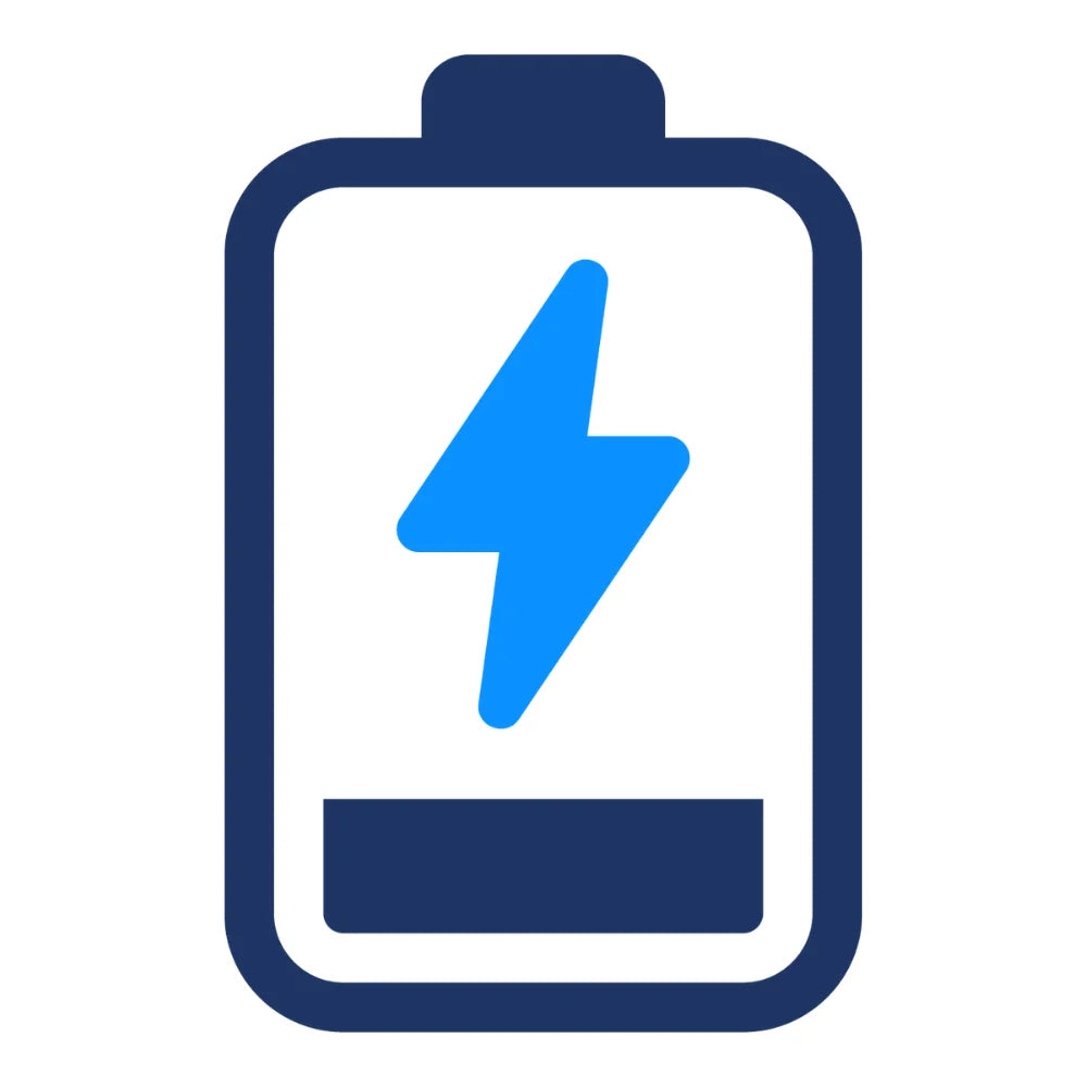 Battery icon with a blue lightning bolt on a white background