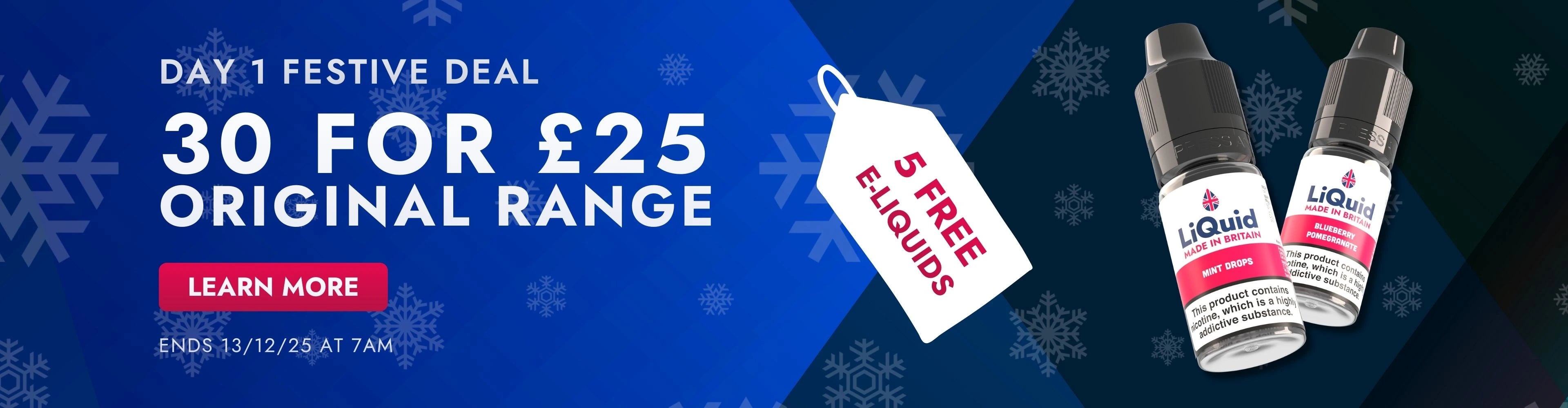 Promotional banner for a festive deal with e-liquid bottles and snowflake designs.