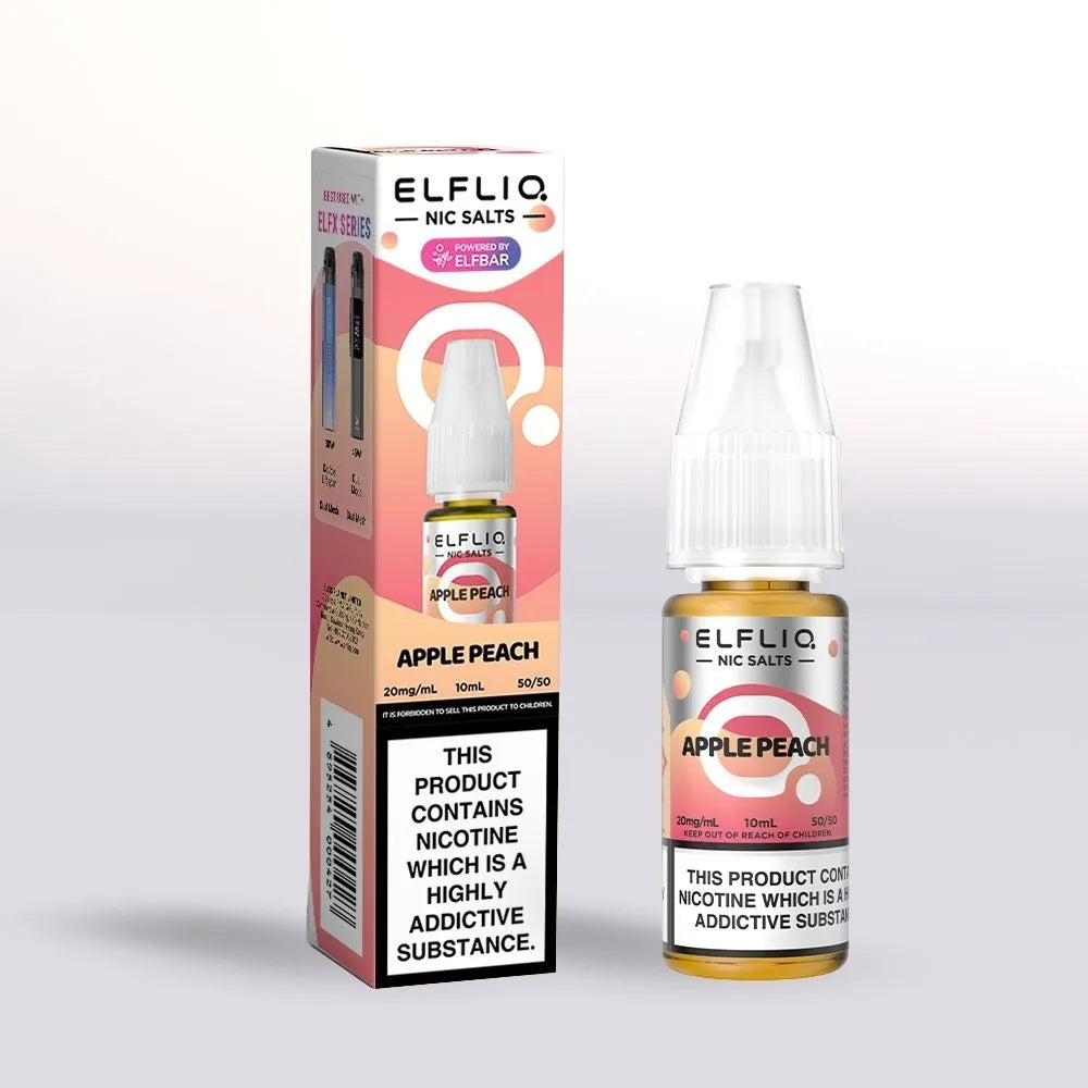 Elfliq Apple Peach 20mg nicotine salt e-liquid 10ml bottle and packaging on a white background