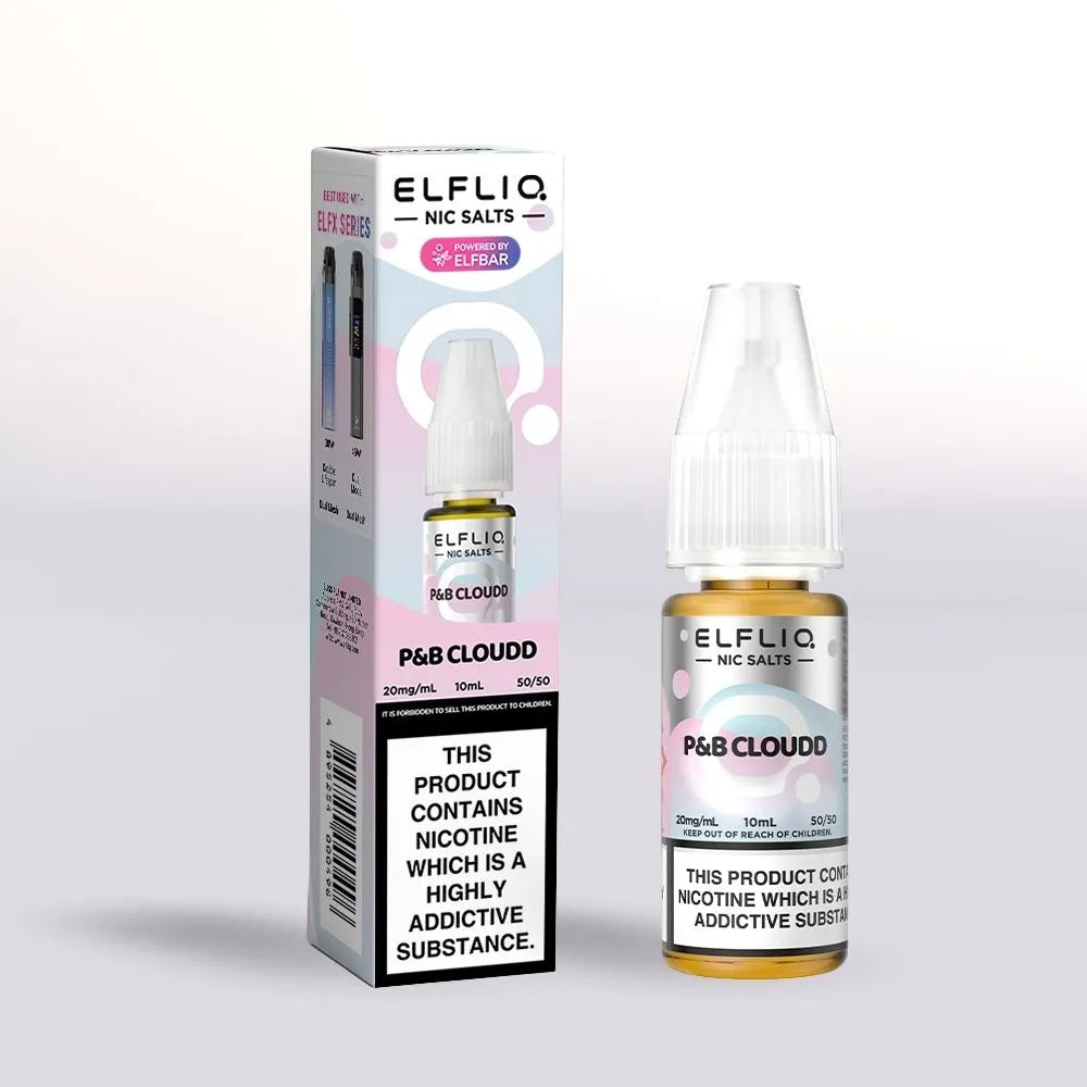 Elfliq P&B Cloud 20mg nicotine salt packaging and 10ml bottle on a white background