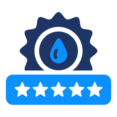 Five-star rating icon with a water droplet symbol on a white background