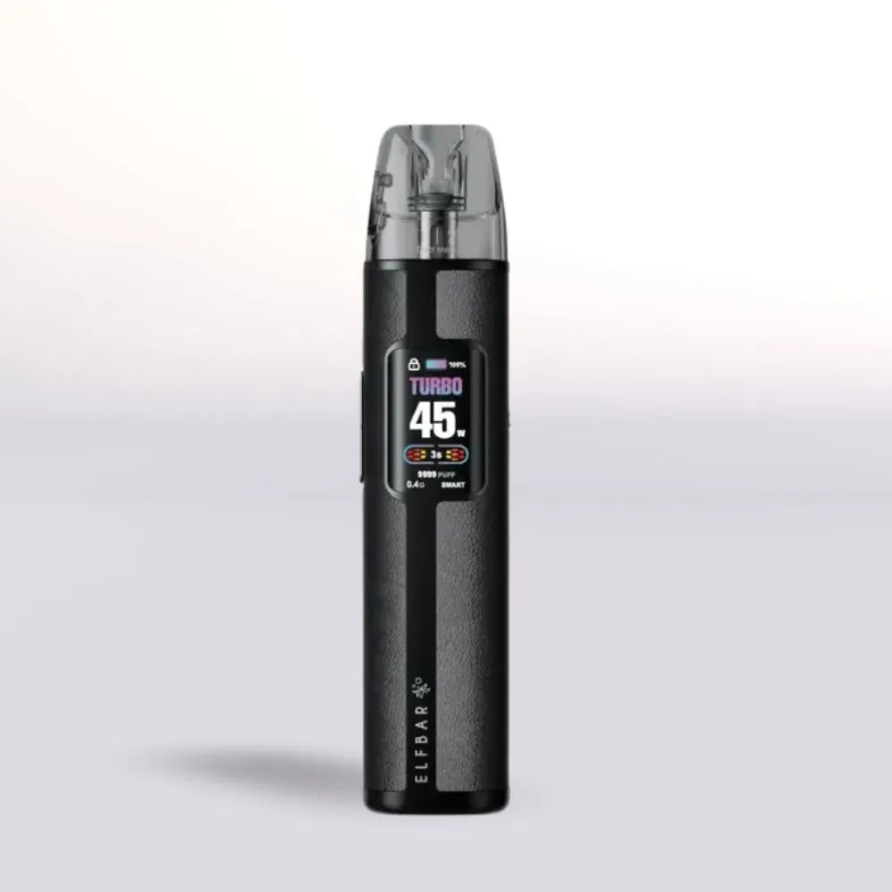 Black Elf Bar Elfx Pro vape device with digital display on a light gray background
