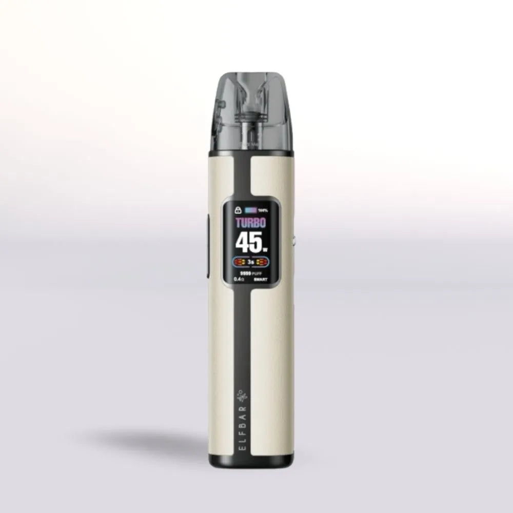 White Elf Bar Elfx Pro Vape device with digital display on a light gray background