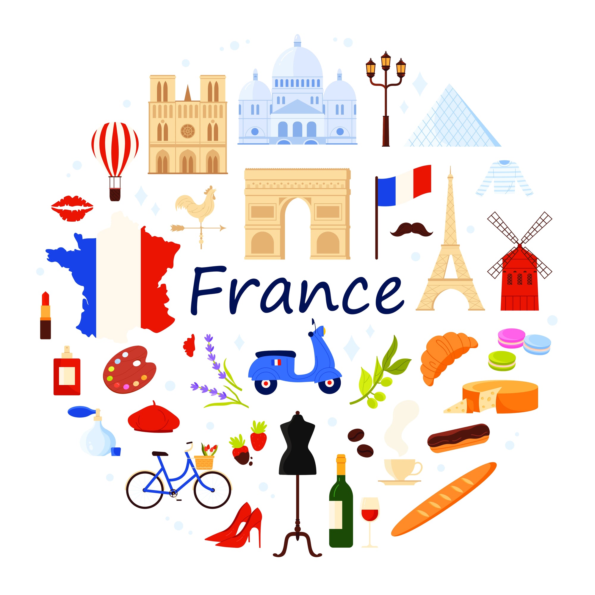 A cartoon depicting French landmarks and delicacies