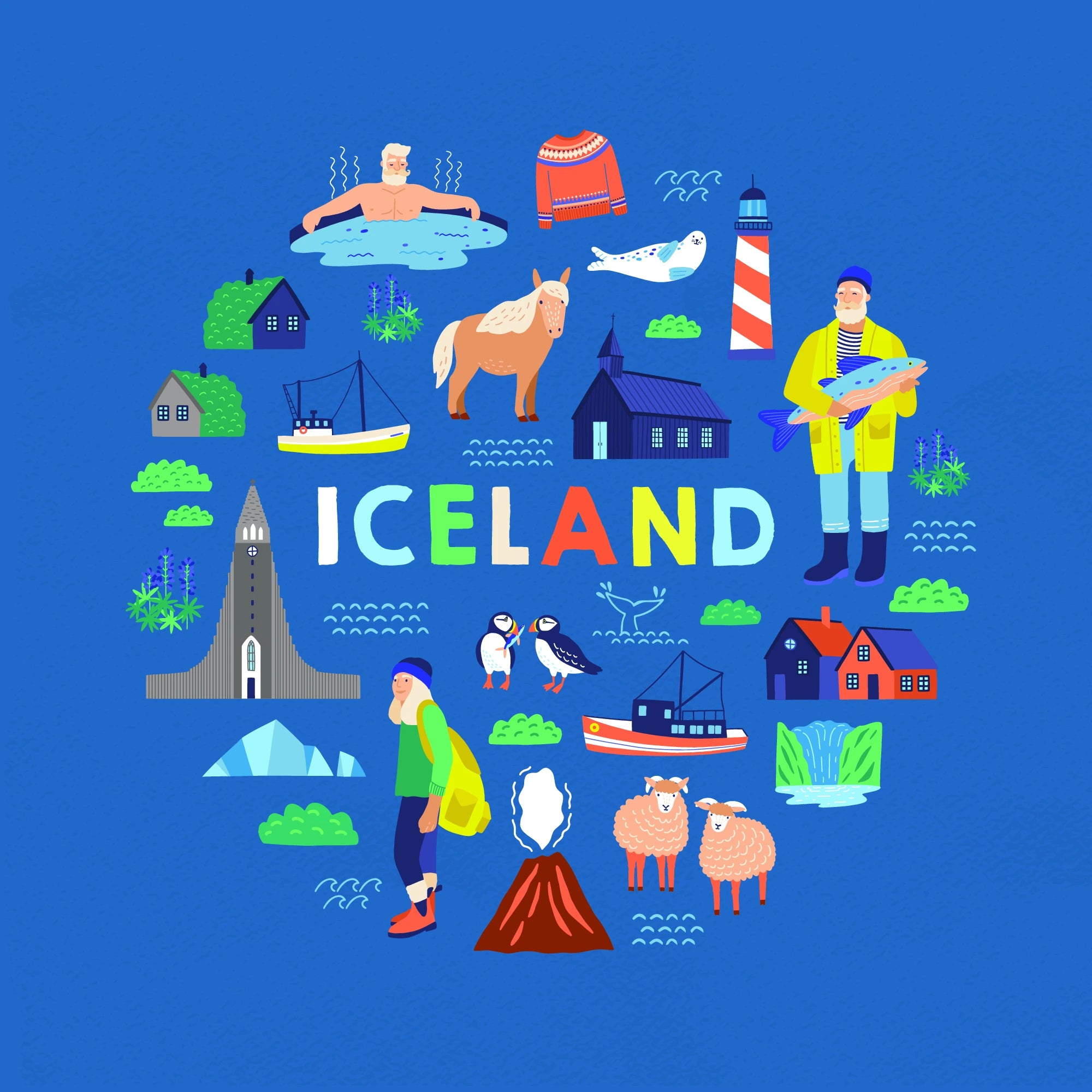 A cartoon depicting Icelandic landmarks and cultures