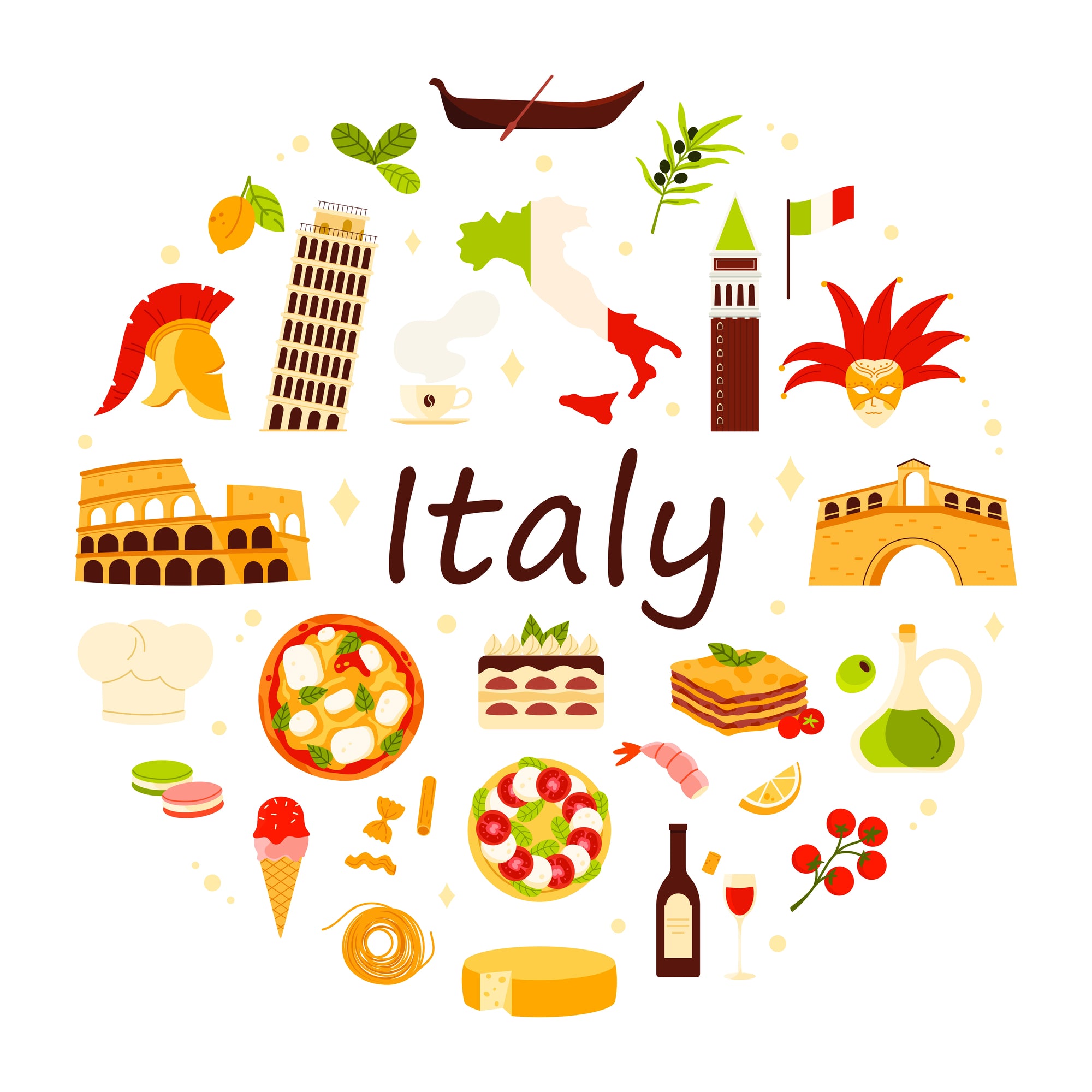 A cartoon depicting Italian landmarks and cultures