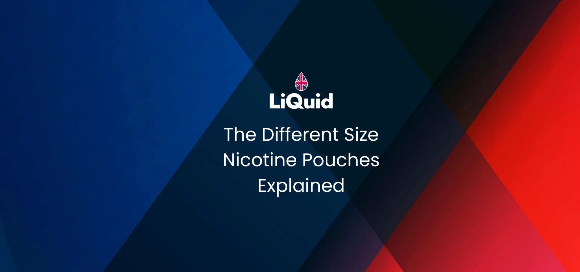 Liquid logo blog header on a geometric blue and red background with text about nicotine pouches.