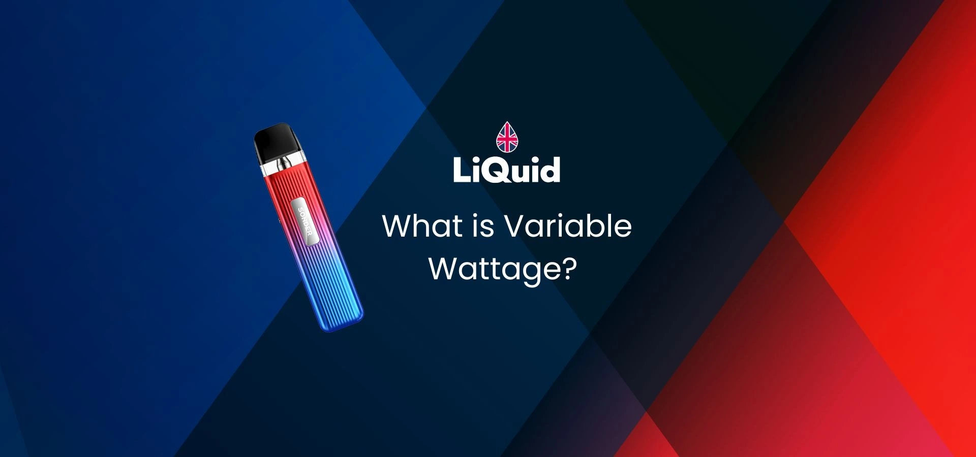 Vape device with LiQuid logo on a geometric blue and red background. Blog post header What Is Variable Wattage