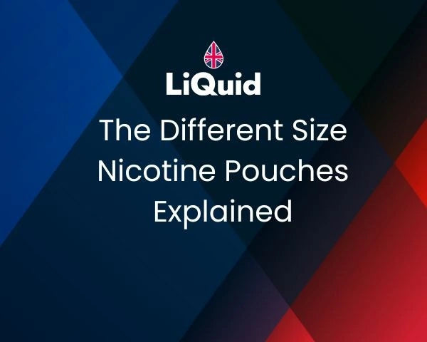 LiQuid logo on a dark blue and red geometric background with the different size nicotine pouches explained blog header