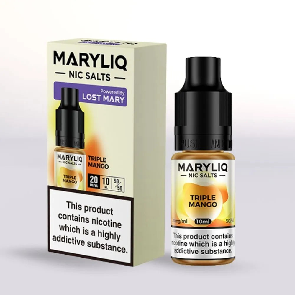 MARYLIQ Triple mango 20mg Nic Salts 10ml bottle and packaging on a light gray background