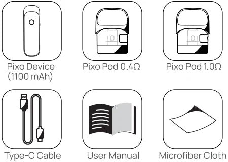 Diagram showing all items that arrive with the Aspire Pixo device