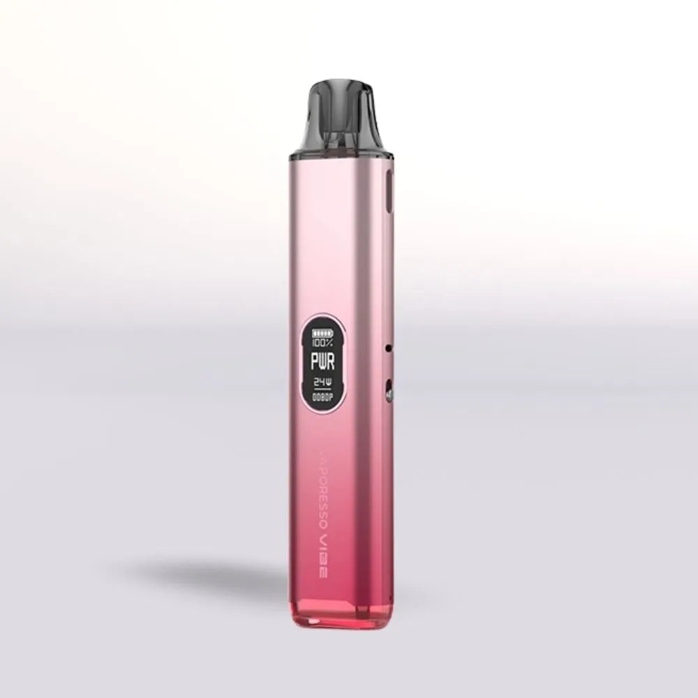 Pink Vaporesso Vibe Pod vape device with a black top on a light gray background