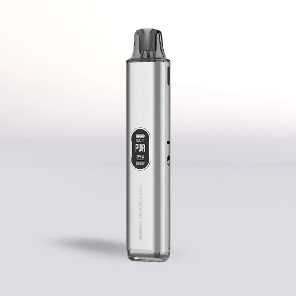 Silver Vaporesso Vibe Pod vape device with digital display on a light gray background