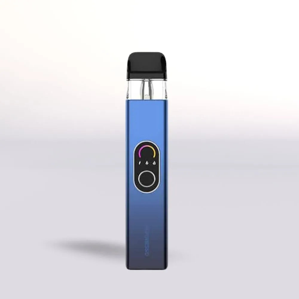 Blue Vaporesso Xros 4 vape device with a black top on a light gray background