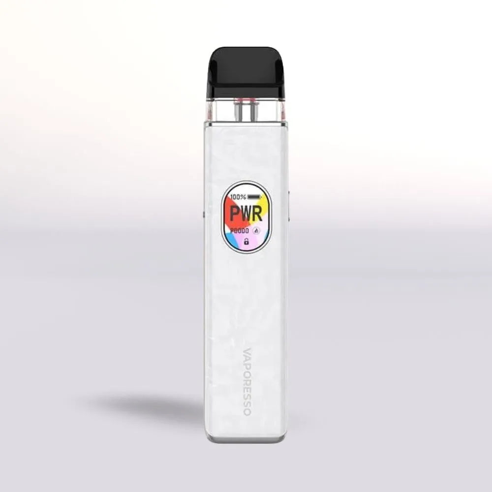 White Vaporesso Xros 5 vape device with a colorful 'PWR' logo on a light gray background