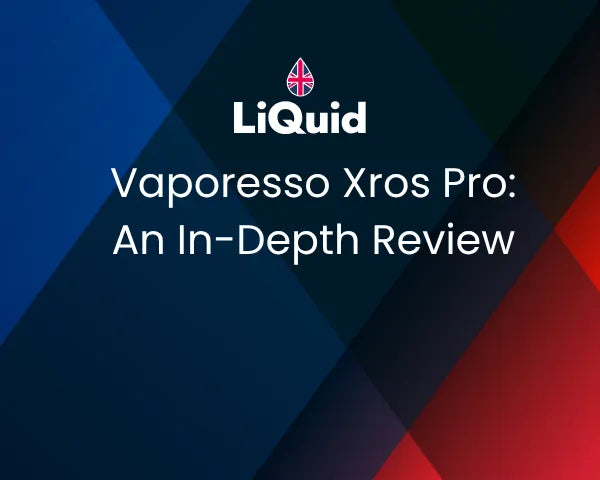 Title card for 'Vaporesso Xros Pro: An In-Depth Review' with LiQuid logo on a geometric background