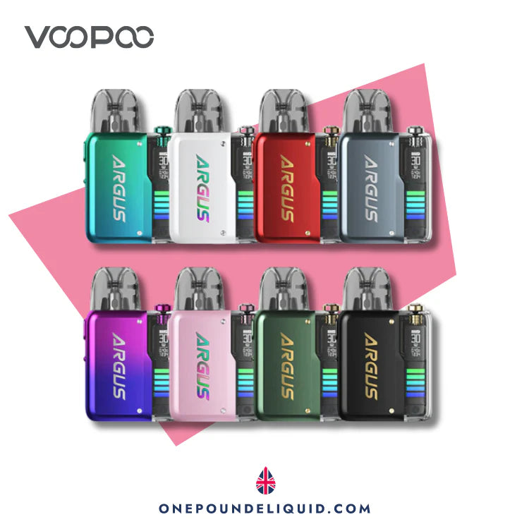 Multiple VOOPOO ARGUS devices in various colors on a white background with brand logo.
