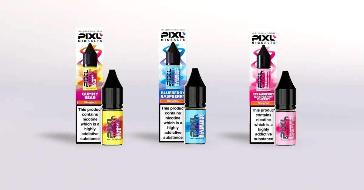Pixil e-liquid bottles and packaging on a white background