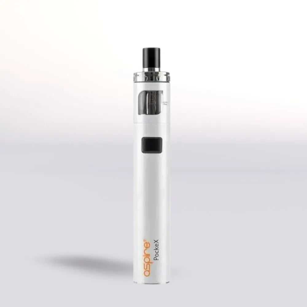 White Aspire PockeX vape pen with black accents on a light gray background