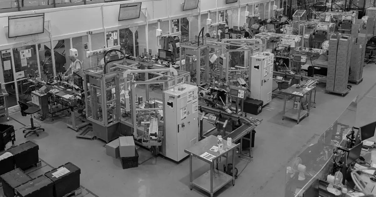 Black and white interior of a factory with machinery and workers.