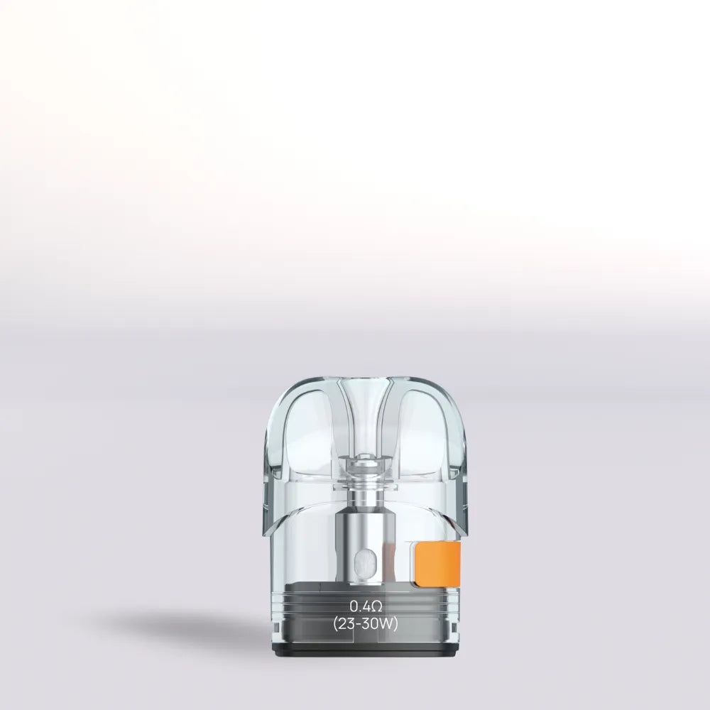 Clear Aspire Pixo 0.4 Ohm Pod vape pod with orange accent on a light gray background