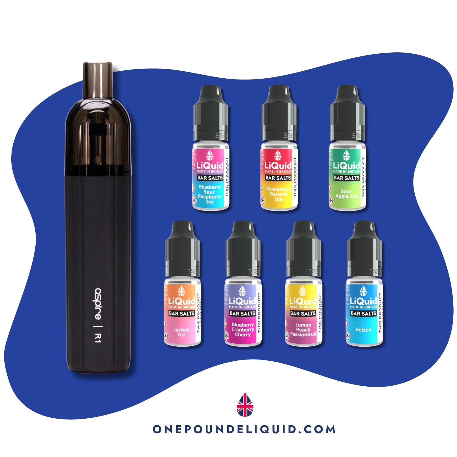 
Aspire R1 device with 7 bottles of LiQuid Bar Salts - bundle deal
