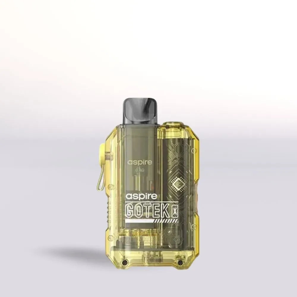 Yellow Aspire Gotek X vaping device on a light gray background