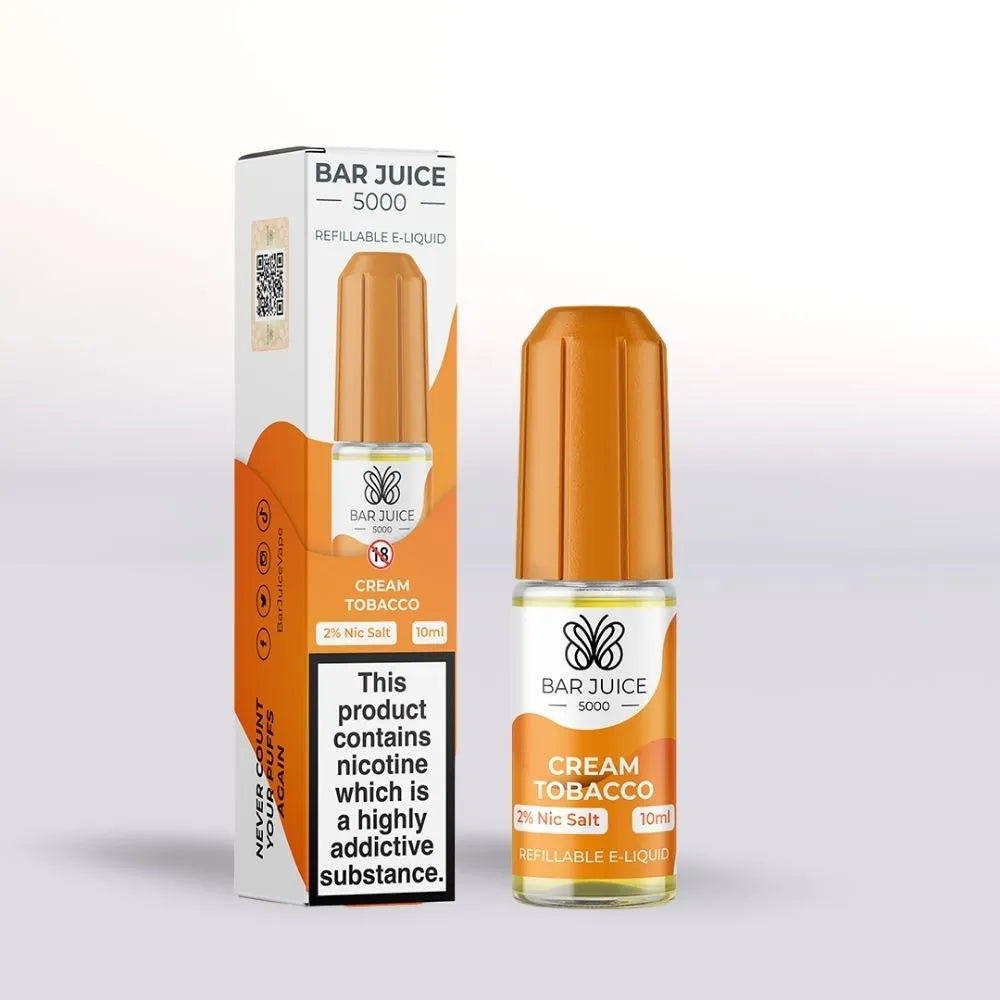 Bar Juice 5000 Cream Tobacco e-liquid  10ml bottle 20mg and packaging on a white background