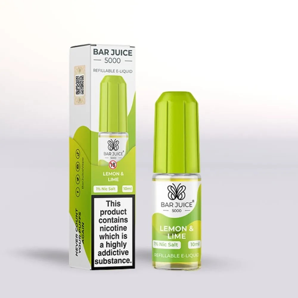 Bar Juice 5000 Lemon & Lime e-liquid 10mg nicotine salt 10ml bottle and packaging on a white background