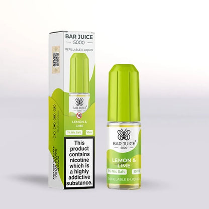 
Bar Juice 5000 Lemon & Lime e-liquid 10mg nicotine salt 10ml bottle and packaging on a white background