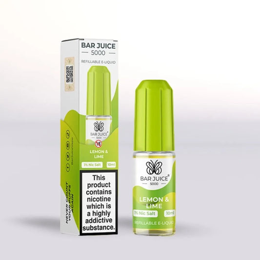 
Bar Juice 5000 Lemon & Lime e-liquid 10mg nicotine salt 10ml bottle and packaging on a white background