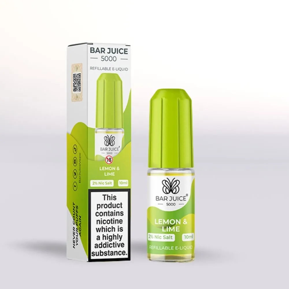 Bar Juice 5000 Lemon & Lime e-liquid 20mg nicotine salt 10ml bottle and packaging on a white background