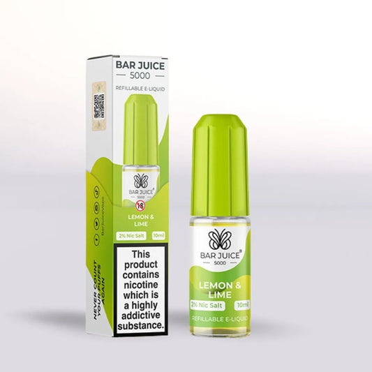 
Bar Juice 5000 Lemon & Lime e-liquid 20mg nicotine salt 10ml bottle and packaging on a white background