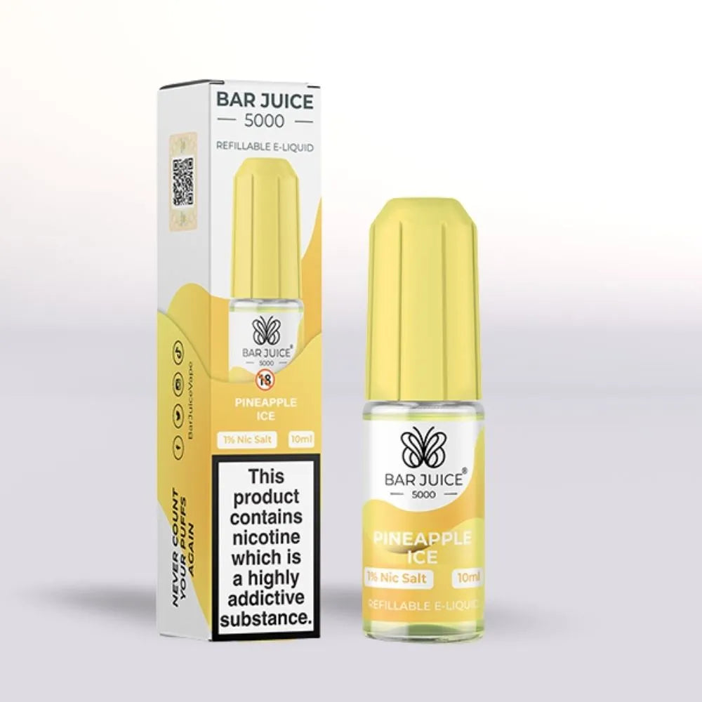 Bar Juice 5000 Pineapple Ice 10MG Nicotine salt e-liquid 10ml bottle and packaging on a white background