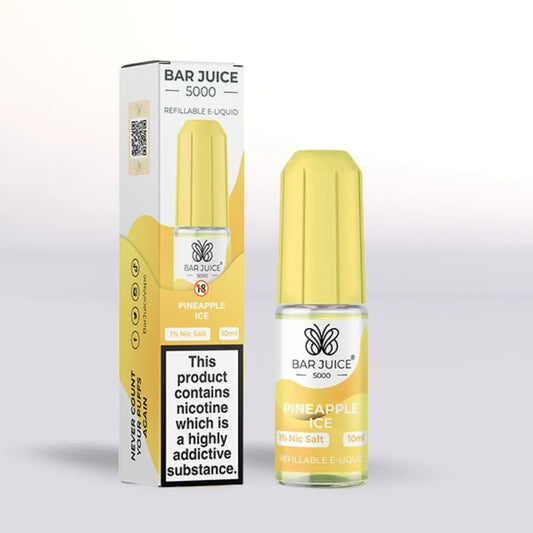 
Bar Juice 5000 Pineapple Ice 10MG Nicotine salt e-liquid 10ml bottle and packaging on a white background
