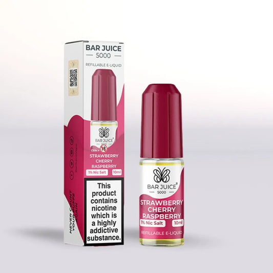 
Bar Juice 5000 Strawberry Cherry Raspberry 10mg nicotine salt e-liquid 10ml bottle and packaging on a white background
