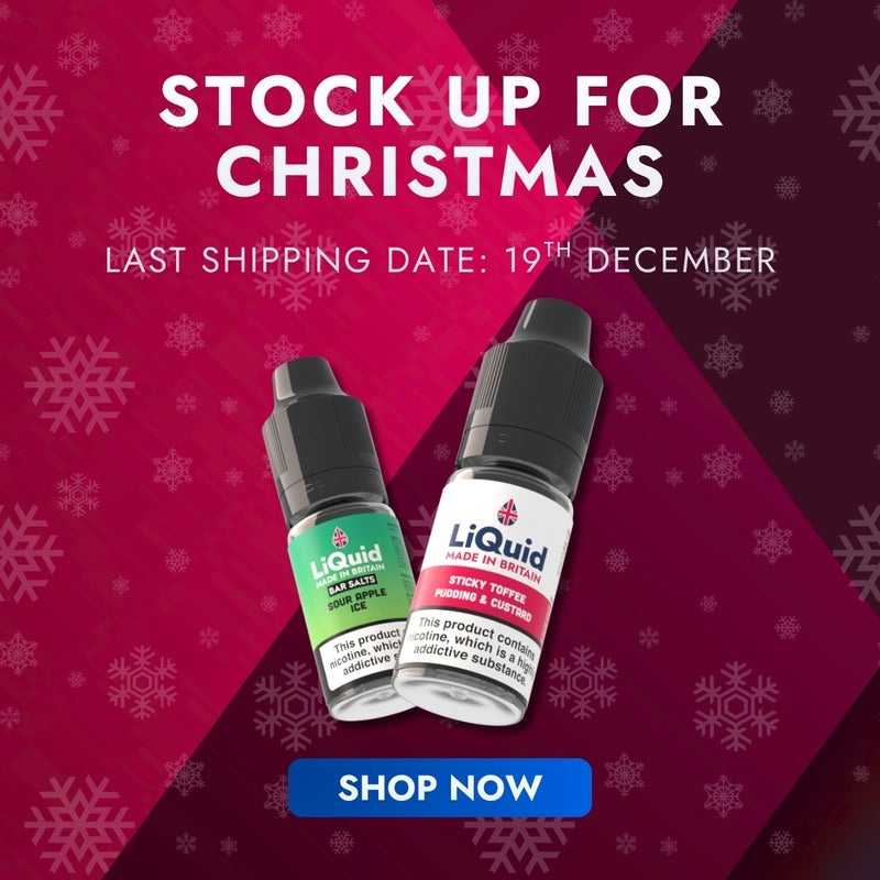Two vape juice bottles with a Christmas-themed background and promotional text. LiQuid Promotion 