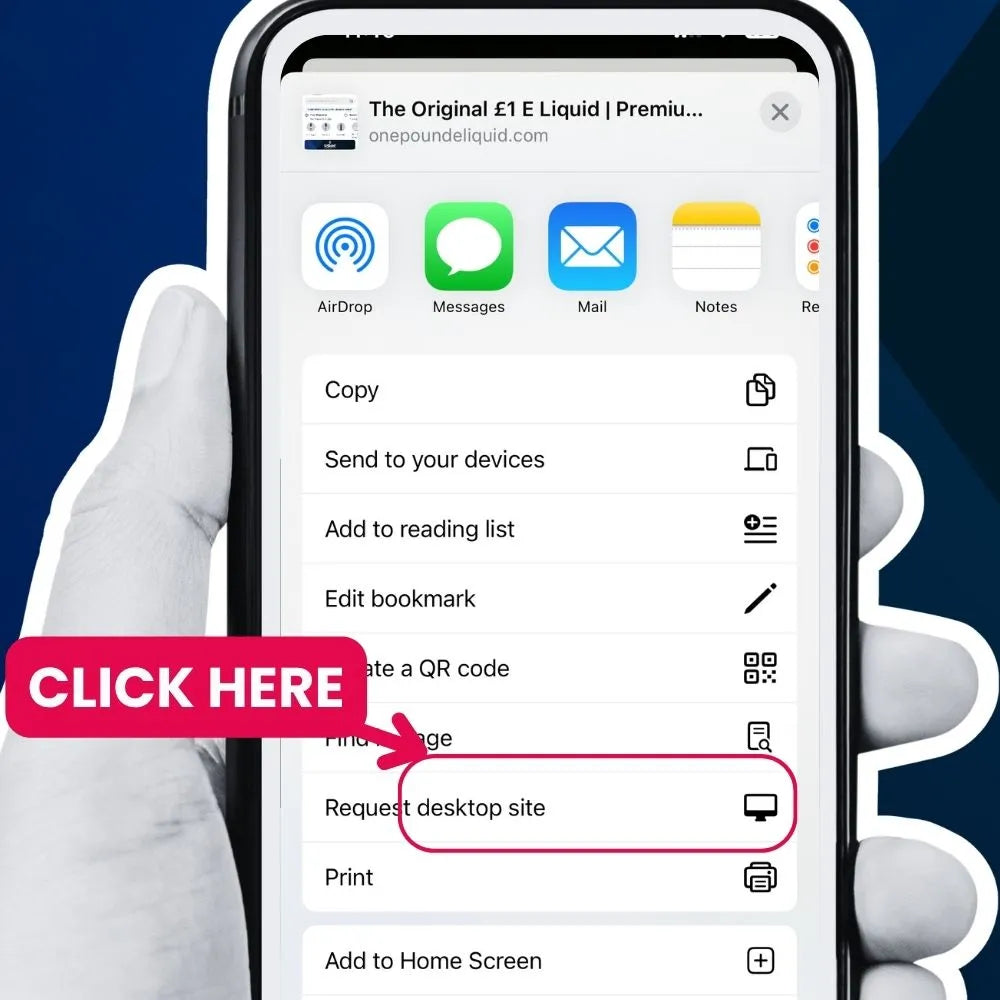 Phone screen with browser options, highlighting 'Request desktop site' button.