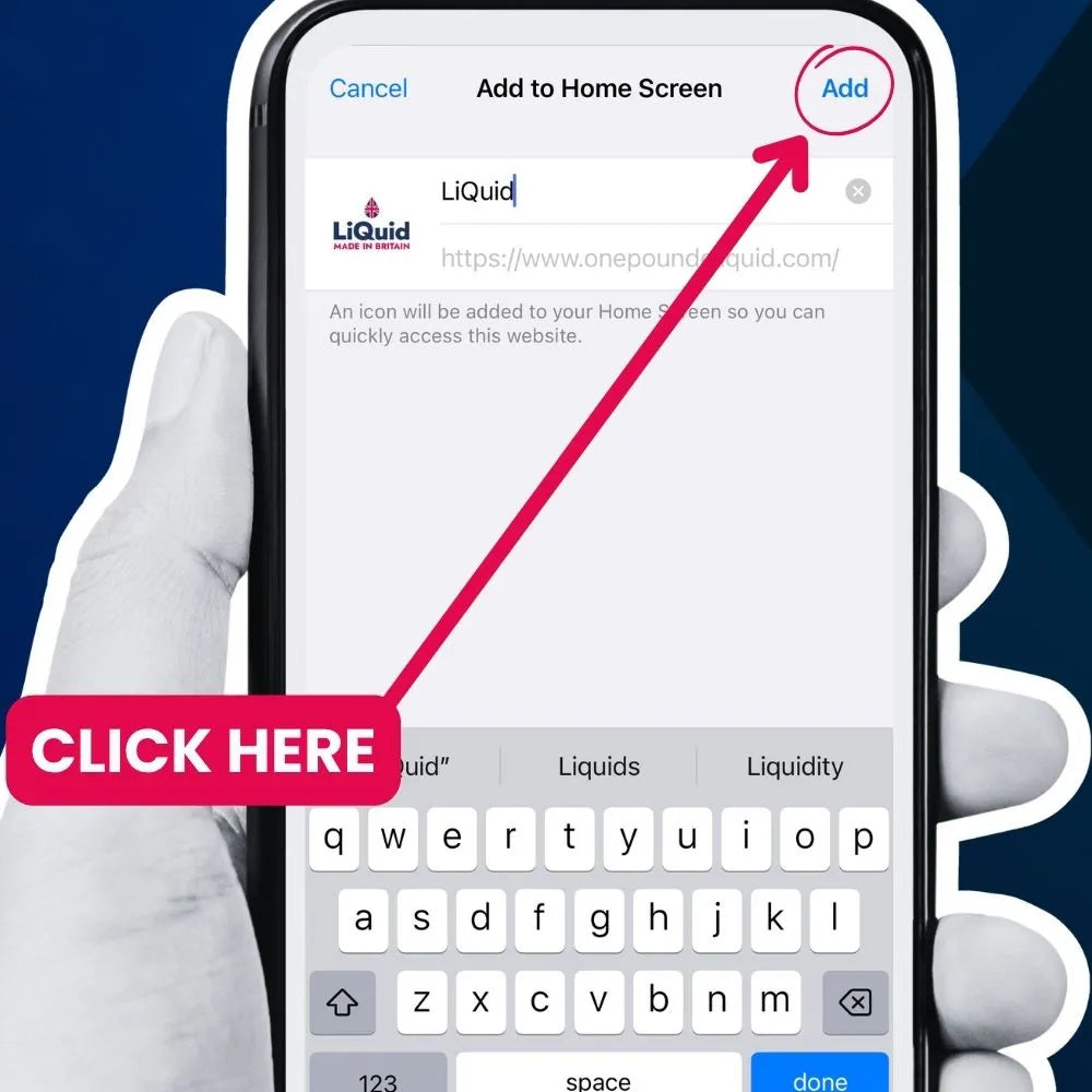 Phone screen showing 'Add to Home Screen' for a website with a hand holding the phone.