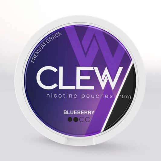 
CLEW nicotine pouches 10mg Blueberry container with purple and white design on a light gray background