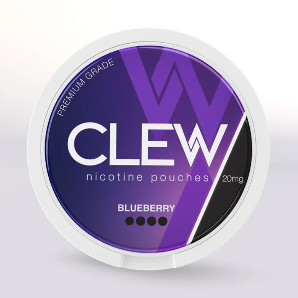 CLEW nicotine pouches 20mg blueberry container with purple and white design on a light gray background