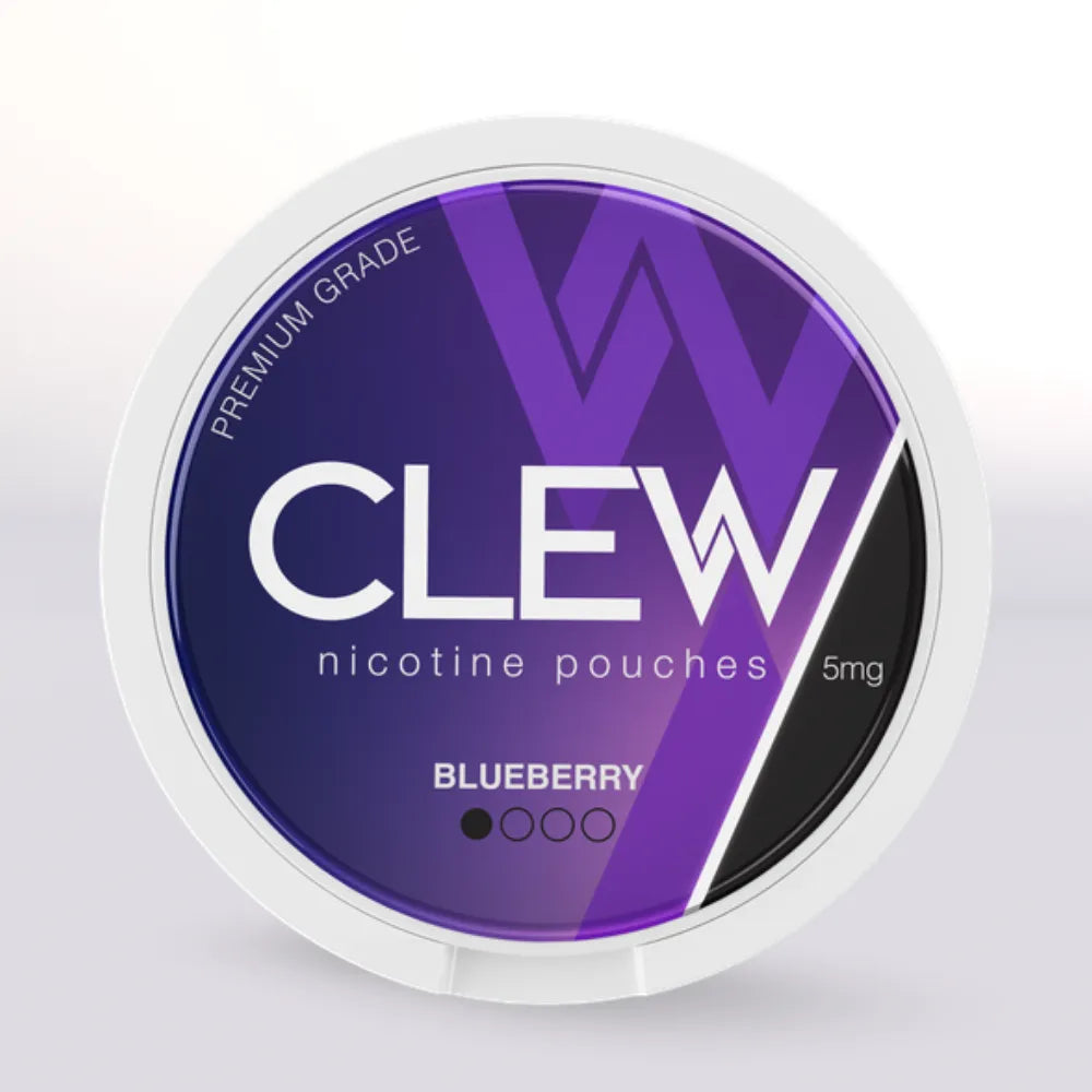 Clew nicotine pouches 5mg Blueberry container with purple and white design on a light gray background