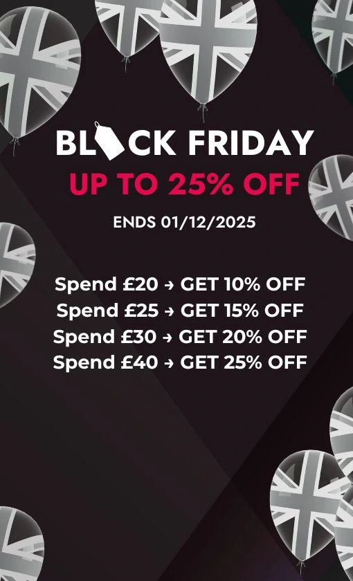 Black Friday promotional poster with Union Jack balloons on a black background LiQuid OnePoundELiquid