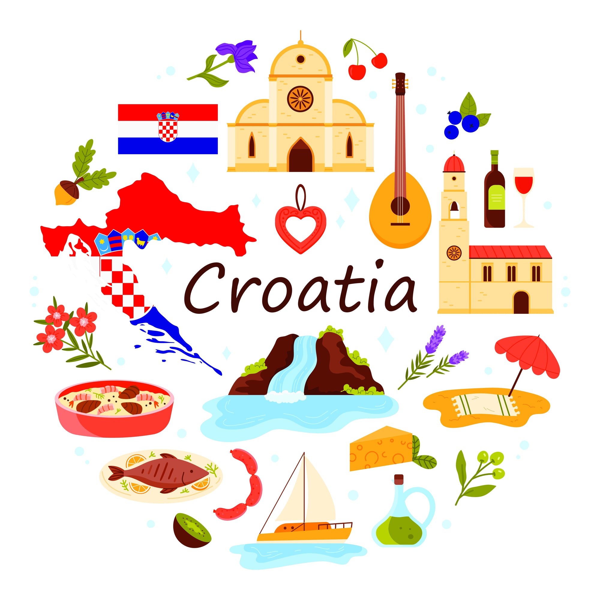 A cartoon depicting Croatian landmarks and cultures